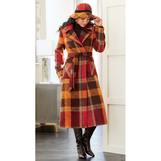Plaid Wrap Coat and Floppy Hat, , large
