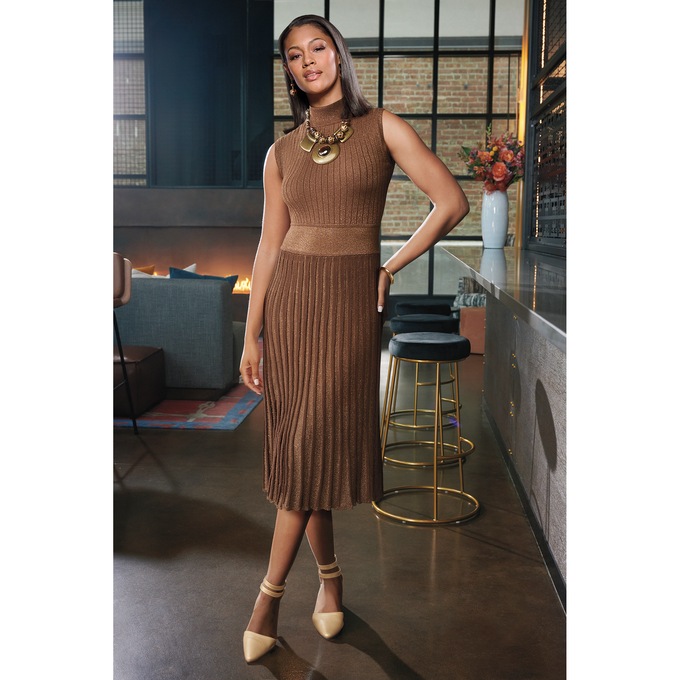 Reeva Pleated, Sleeveless Sweater Dress with All-Over Shimmer, , large