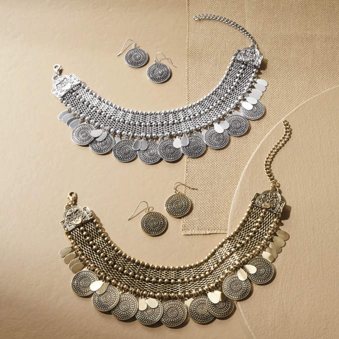 Mesh/Bead/Disc Choker & Earrings Set, , large