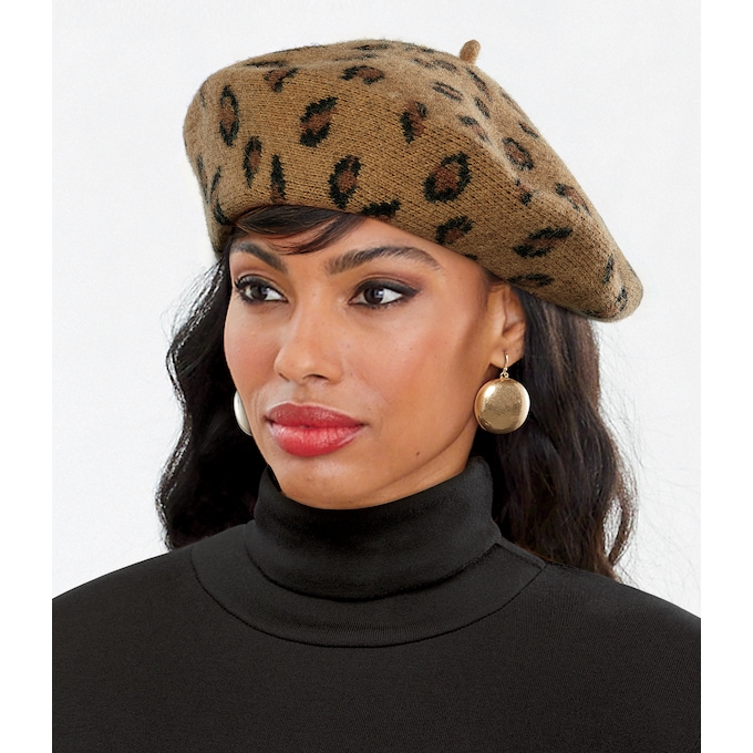 Wool-Blend Zebra Beret, Leopard, large
