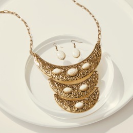Metallic Scroll Stacked Bib Necklace &amp; Earring Set, , large