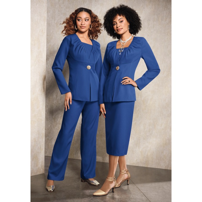 Trinity 3-Piece Wardrober with Skirt, Pant and Jacket with Pleated Neckline, , large