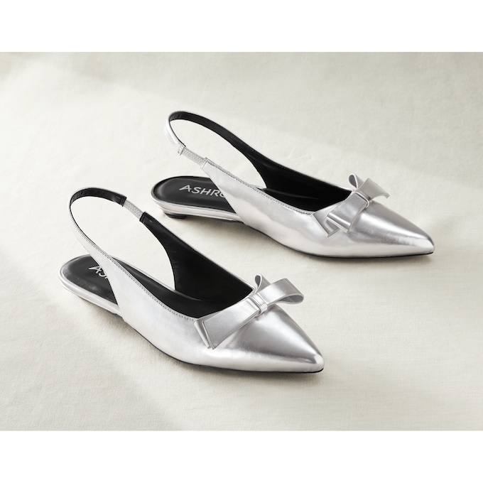 Metallic Bow Women's Faux-Leather Slingback with Low Sculpted Heel, , large