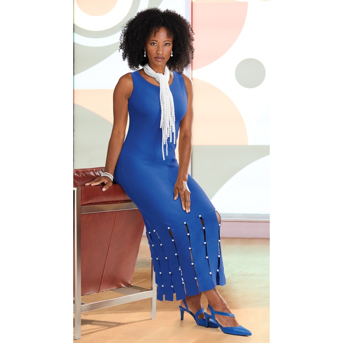 Pearl-Hem Sweater Maxi Dress, , large