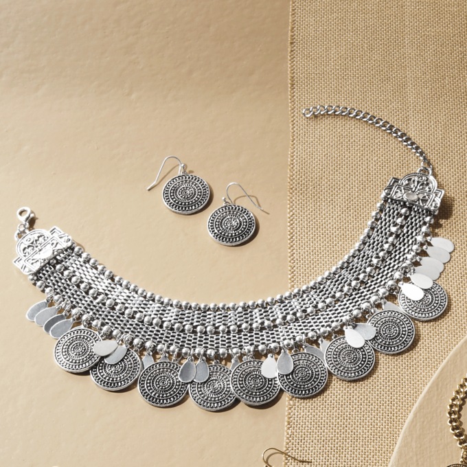 Mesh/Bead/Disc Choker & Earrings Set, , large