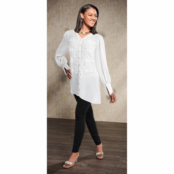 Zendaya Sheer Romantic Tunic with Faux-Pearl Buttons and Soutache Applique, , large