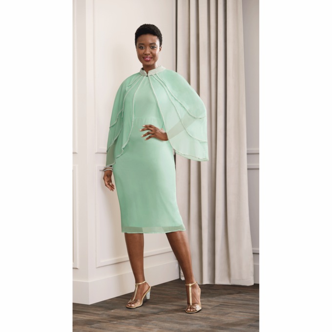 Pearl-Trim Cape Jacket Dress, Green, large