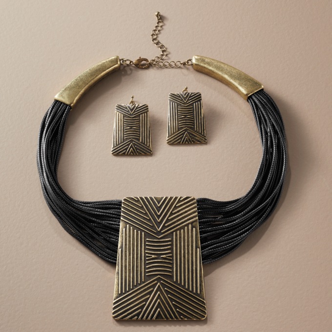 Afrocentric Tab Goldtone/Black Necklace & Earring Set, , large