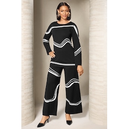 Rhena Reversible Double Sweater-Knit Pant Outfit with Boatneck Top, , large