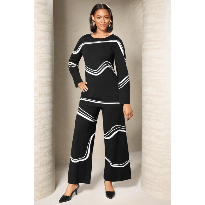 Rhena Reversible Double Sweater-Knit Pant Outfit with Boatneck Top, , large