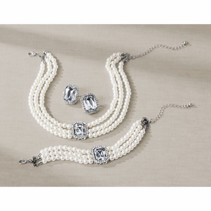 Faux-Pearl/Crystal Choker, Bracelet & Earring Set , , large