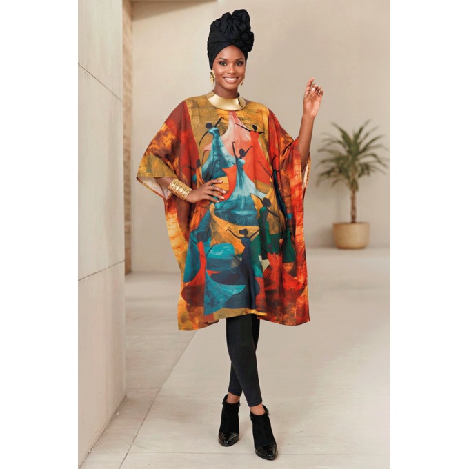 Dancing Ladies Wearable-Art Short Caftan with Artistic Print, Multi, large