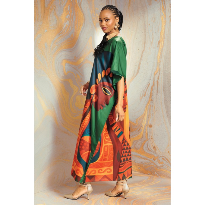 Julisa Long Wearable-Art Caftan with Artistic Print, Green Multi, large