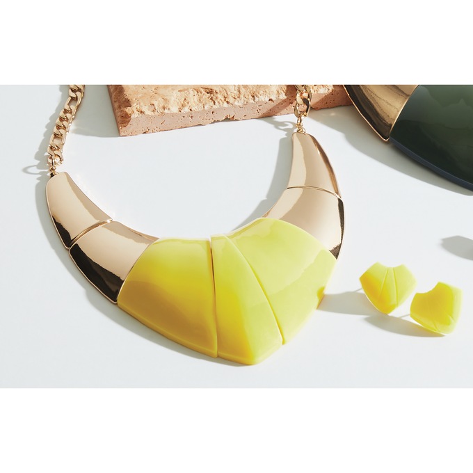 Acrylic/Goldtone Chevron Bib Necklace & Earring Set, Yellow, large