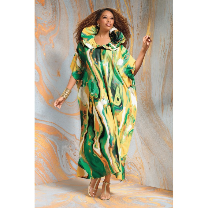 Eziyah Long Satin Caftan with Sculpted Bubble Collar, Green Multi, large