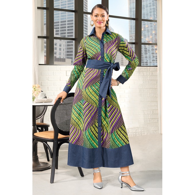 Faydia Cotton and Denim-Trim A-Line Maxi Shirtdress for Women, , large