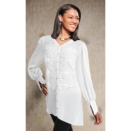 Zendaya Sheer Romantic Tunic with Faux-Pearl Buttons and Soutache Applique, , large