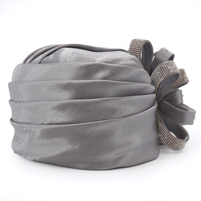 Embellished Satin Flower Turban, Silver, large