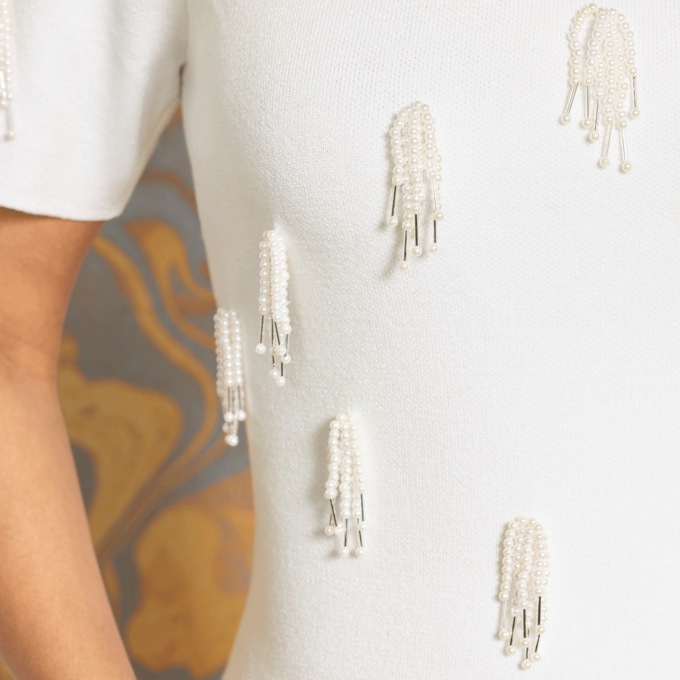 Dangles Midi-Sheath Sweater Dress with Faux-Pearl Tassels, , large