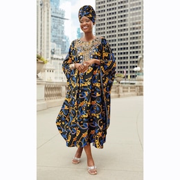 Onika Embellished Caftan and Headwrap Set with Rhinestones and Beading, , large