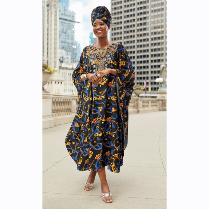 Onika Embellished Caftan and Headwrap Set with Rhinestones and Beading, , large
