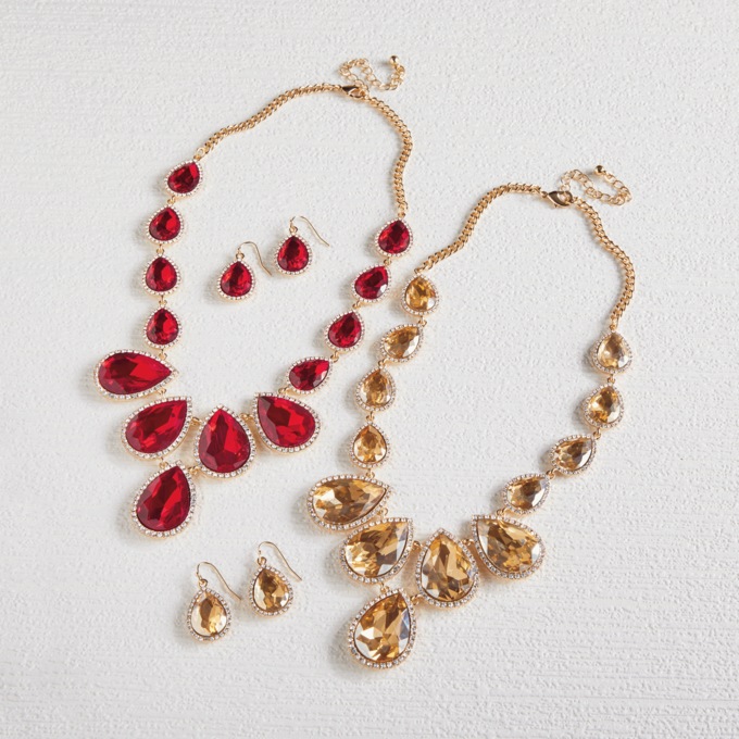 Colored Pear-Cut Crystal Necklace & Earring Set, , large