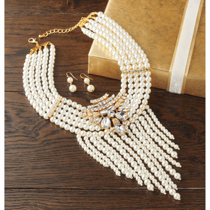Faux-Pearl/Crystal Goldtone Necklace & Earring Set, , large