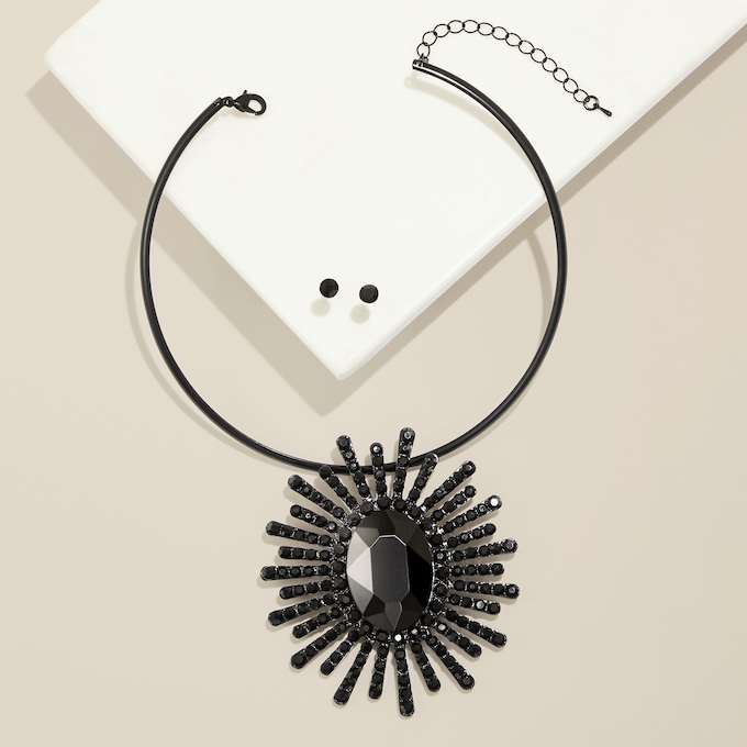 Crystal Starburst Necklace & Earring Set, Black, large