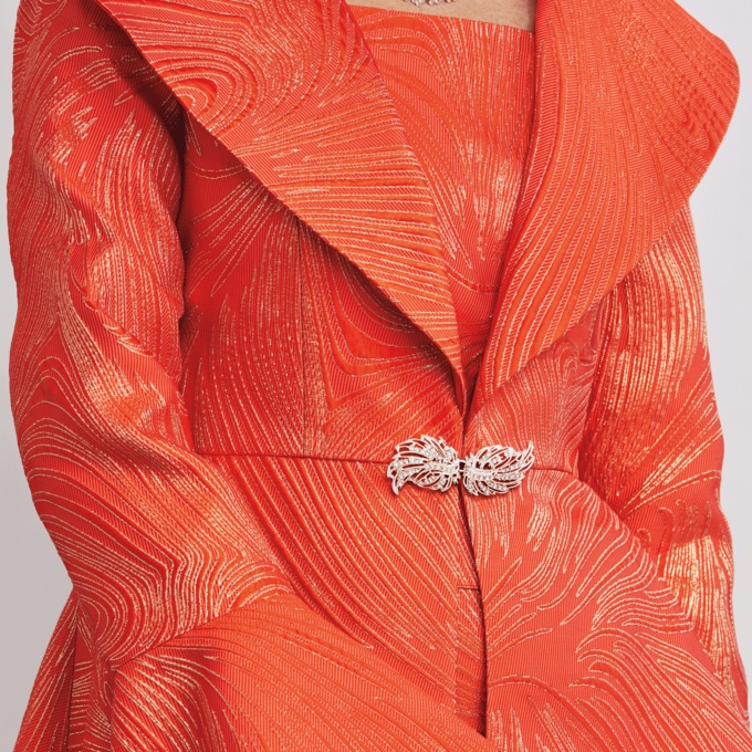 Kelis High-Low Women's Jacquard Skirt Set with Shawl Collar and Modesty Panel, Flame Red, large