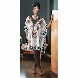 Esa Short Afrocentric-Print Caftan with V-neck , , large
