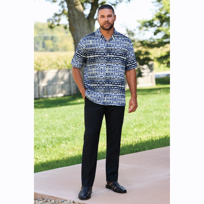 Stacy Adams Geo Stripe Men&rsquo;s Crepe Button-Down Shirt with Short Sleeves, , large