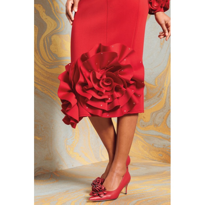 Rosetta Midi Sheath Dress for Women with Rhinestone-Studded Rosette Detail, , large