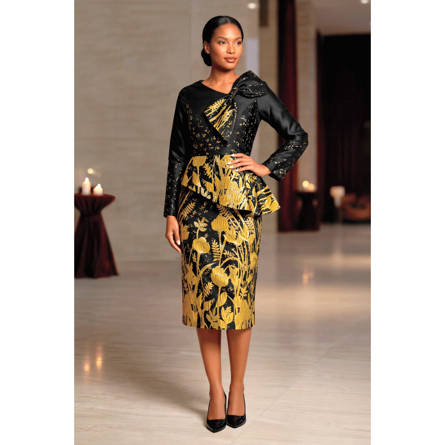 Donisha Women's Metallic Jacquard Dress With Bow And Asymmetric Design, Size 24W, Black Yellow Multi, Plus