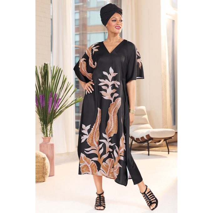 Kamaria Women&rsquo;s Long Caftan with Exotic Print and V-Neck, , large