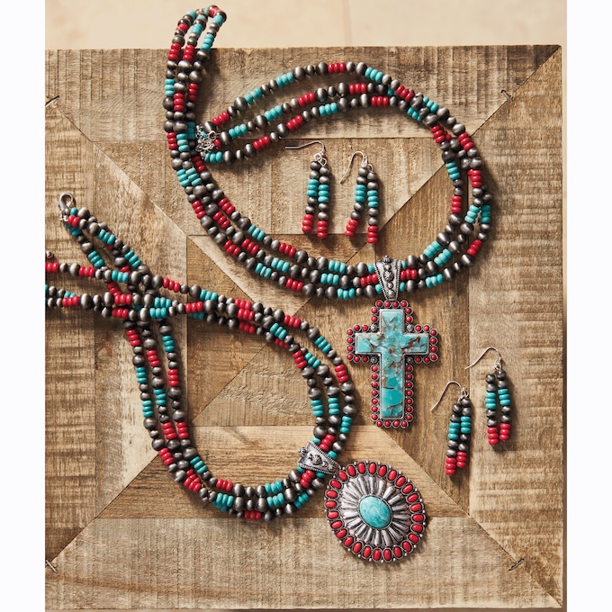 Southwest Faux-Turquoise Pendant Necklace & Earring Set, , large