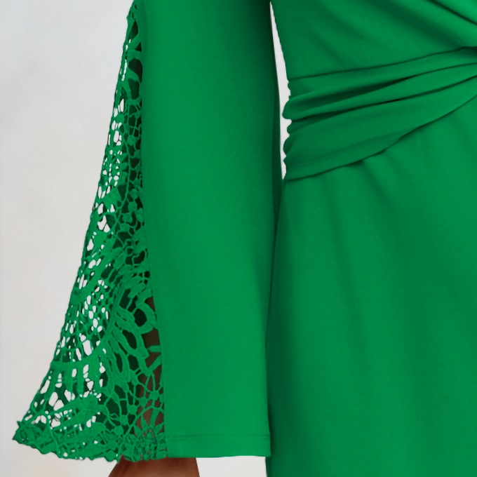 Knotted Waist Women's Lace Sleeve Dress in Stretch Crepe, Emerald Green, large