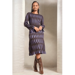 Yalonda Textured A-Line Midi Sweater Dress with Long Flared Sleeve, , large