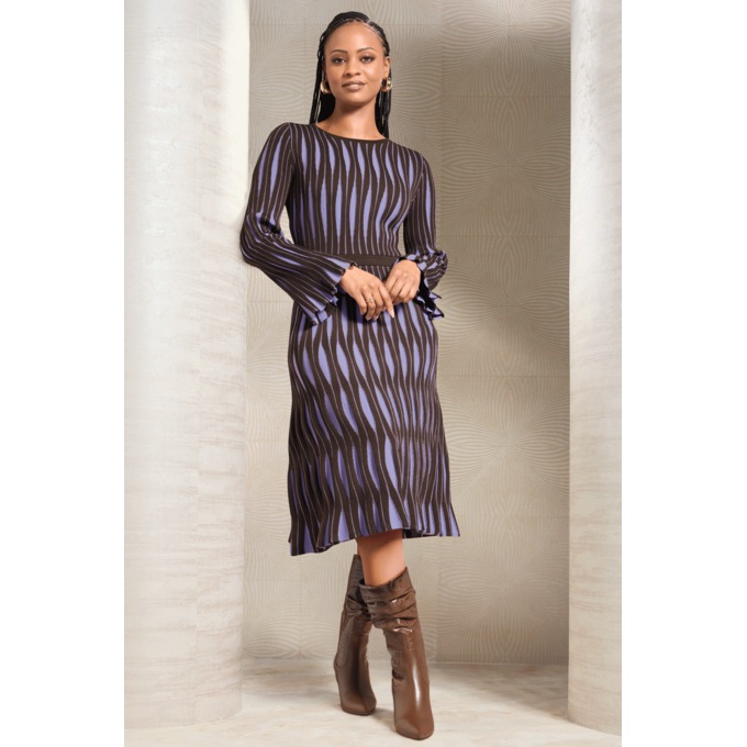 Yalonda Textured A-Line Midi Sweater Dress with Long Flared Sleeve, , large
