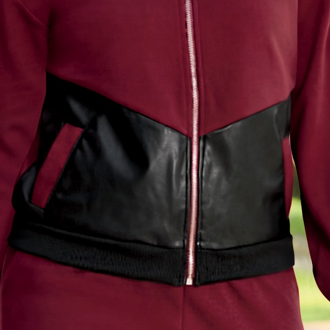 Malia Women's Bomber Jacket Active Set with Faux-Leather Trim and Cargo Pockets, Cranberry, large
