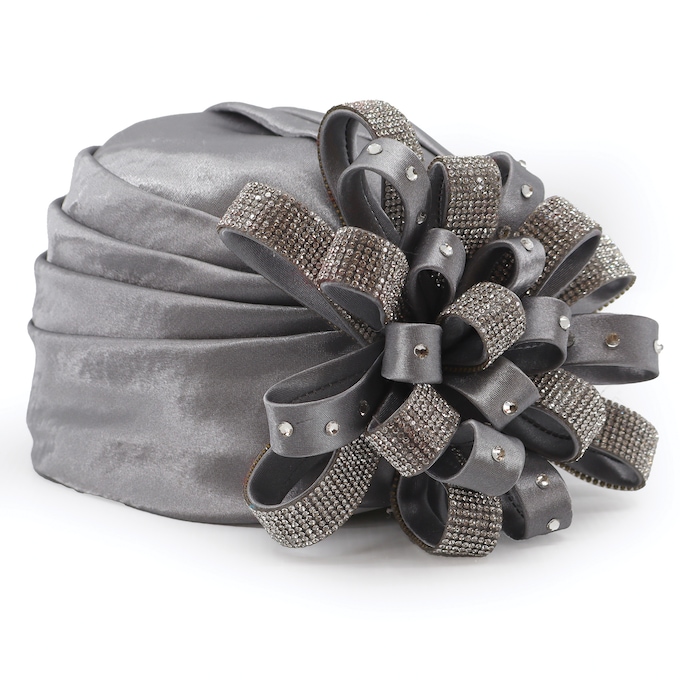Embellished Satin Flower Turban, Silver, large