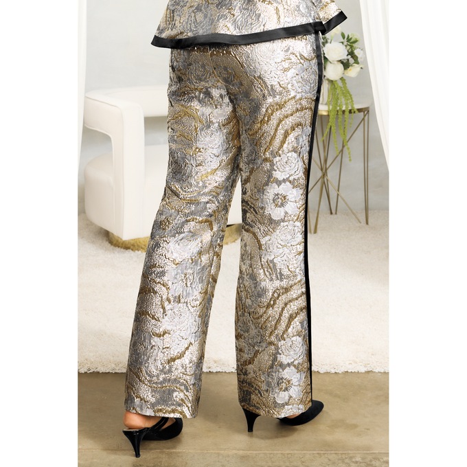 Sona Brocade Jacquard Baby-Flare Pant with Satin Tux Stripe, , large