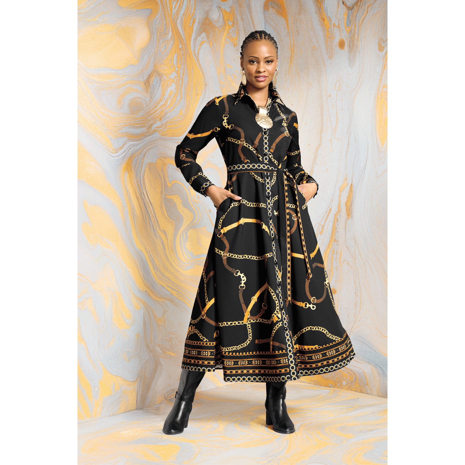 Nanette Long-Sleeve A-Line Maxi Shirt Dress with Belt | ASHRO
