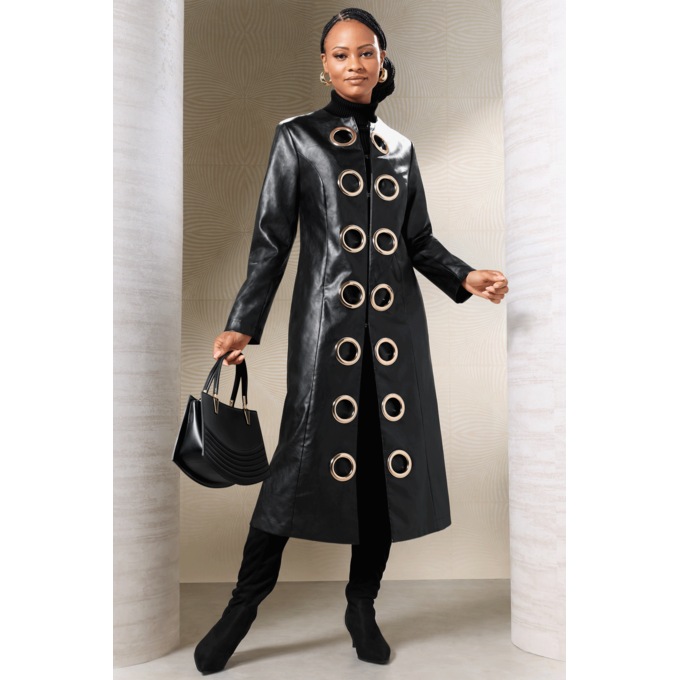 Gianna Faux-Leather Grommet Trench Coat with Quilted Vest, , large