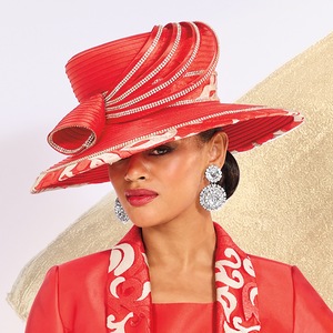 Cleo Church Hat with Rhinestone-Lined Ribbons and Jacquard Accents, Fiery Scarlet, large