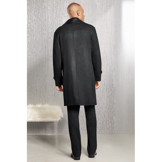 Sylvester Men&rsquo;s Faux Suede Trench Coat with Faux Leather Trim, Black, large