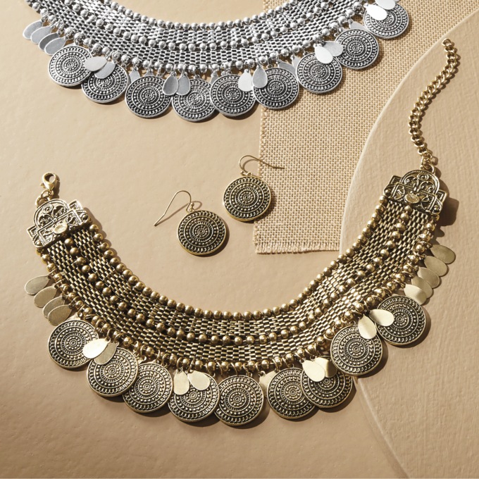 Mesh/Bead/Disc Choker & Earrings Set, , large