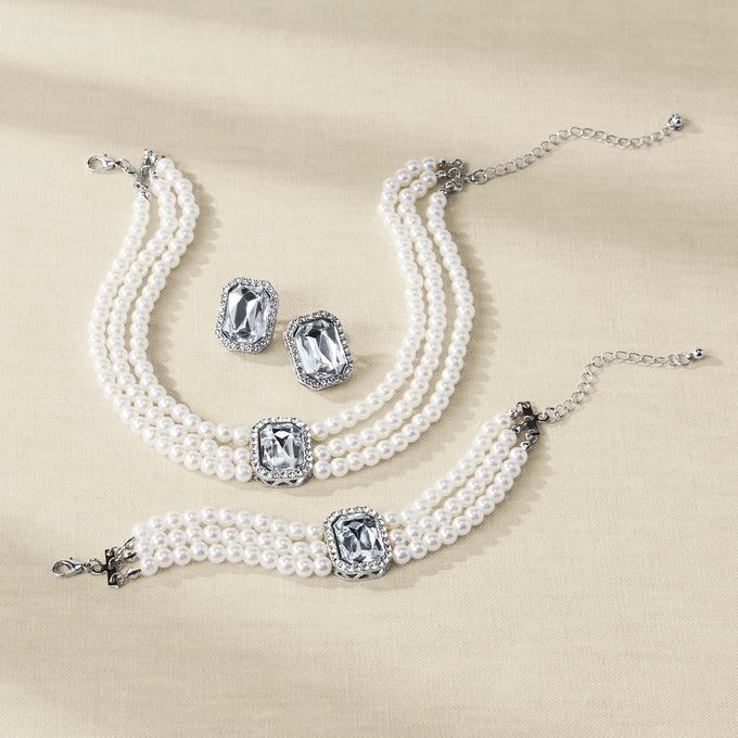 Faux-Pearl and Crystal Choker, Bracelet & Earring Set, Silvertone, large