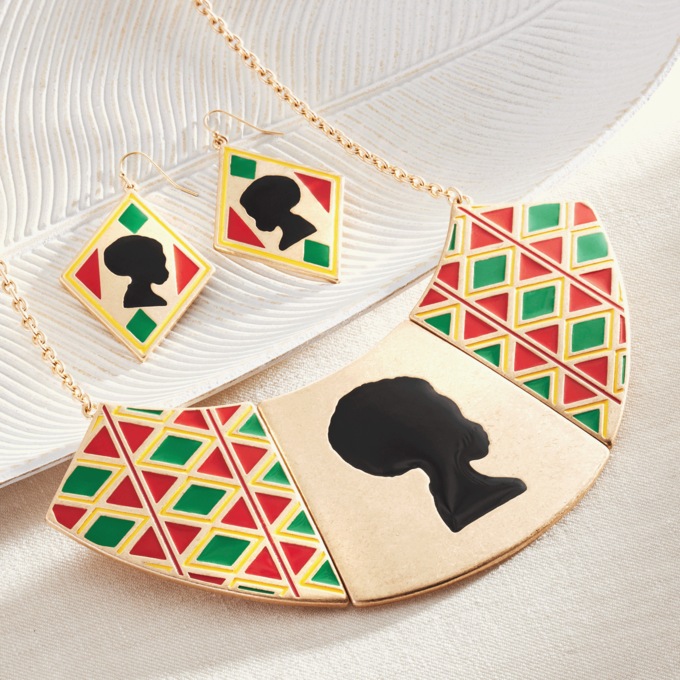 Enamel Cameo Necklace & Earring Set, , large