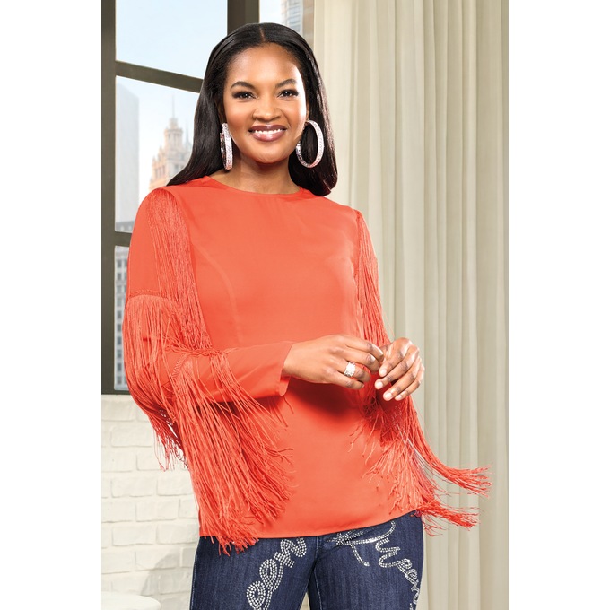 Saleema Blouse with Long Fringed Statement Sleeves, , large