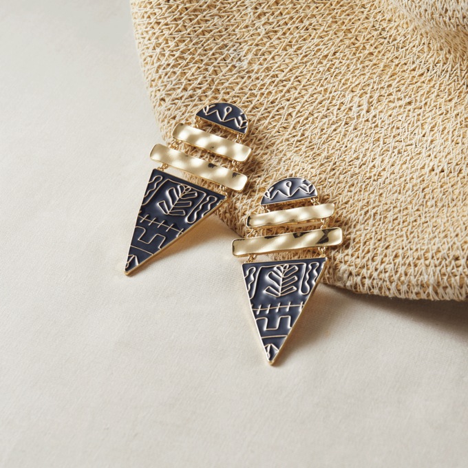 Blue Pattern Earrings, Blue Goldtone, large